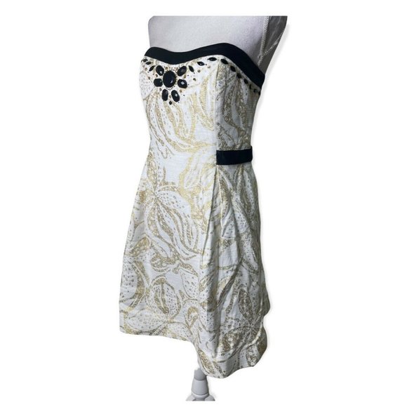 Lilly Pulitzer "Christine" Gold/Black Metallic Beaded Strapless Dress Sz 12 - Picture 4 of 12